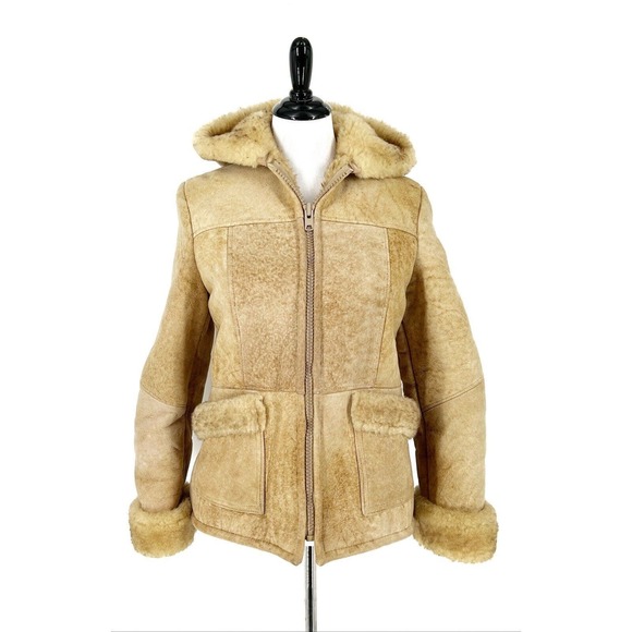 Vintage Genuine Shearling Sheepskin Leather Fur Hooded Coat Size 10 Penny Lane - Picture 7 of 8